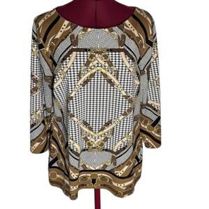Charter Club Womens Boatneck Stretch Tunic Tan Cream Equestrian Print Size Large